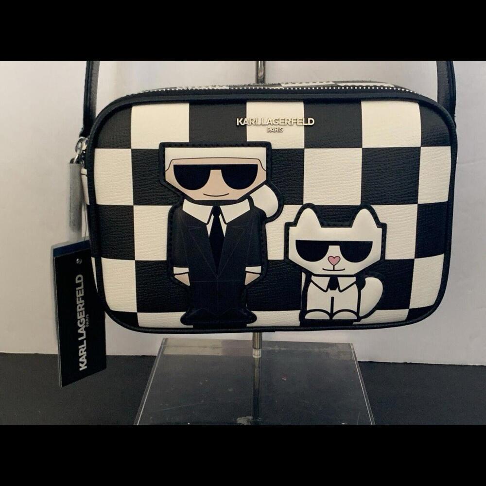 NWT KARL LAGERFELD PARIS MAYBELLE CAMERA CROSSBODY BAG BLACK WHITE W KARL CAT